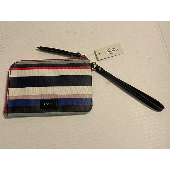 NWT Ladies Fossil Eliza Rainbow Striped Zip Wristlet Purse Wallet Coated Canvas - Picture 1 of 5